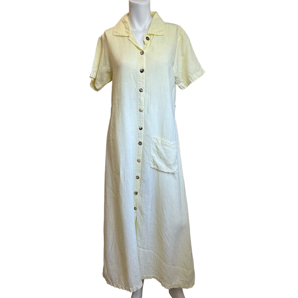 Chalet Yellow Linen Button Down Short Sleeve Midi Shirt Dress sz S